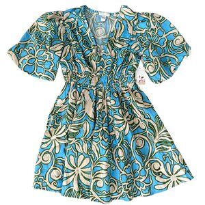 ✨New✨ Sincerely Jules Blue, Green and Cream Puff-Sleeve Mini Dress | S